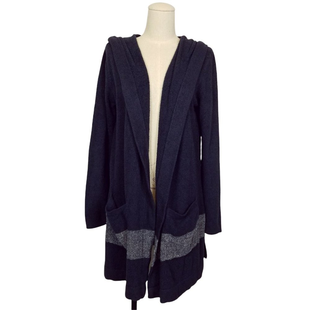 Barefoot Dreams CozyChic Coastal Hooded Cardigan Blue & Gray Sz M